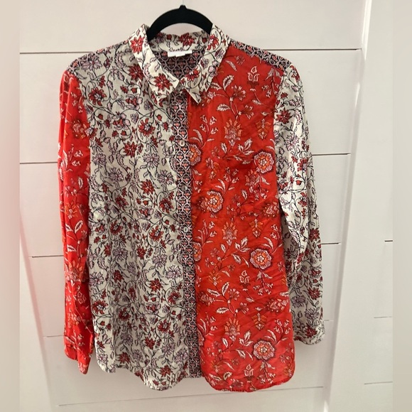 J Jill One pocket shirred100% cotton lightweight cottagecore button floral top M - Picture 2 of 14